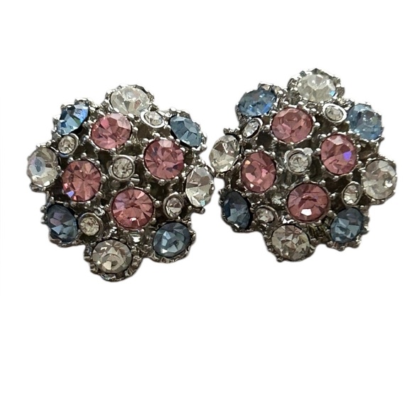 Vintage Clip On Earrings Crystal Cluster-Silver Pink Blue - Picture 1 of 6